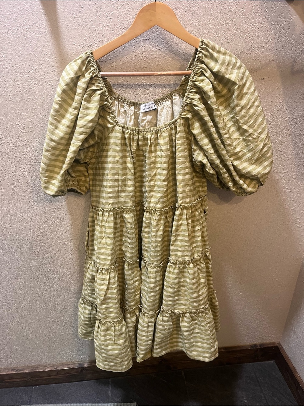 Smocked Puff-Sleeve Tiered Dress in Light Olive Stripe